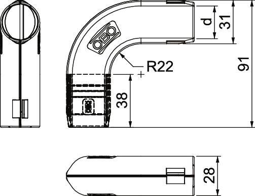 Technische Zeichnung eines abgewinkelten Gehäuses mit Bemaßungen: Höhe 91 mm, Breite 38 mm, Tiefe 28 mm, Radius 22 mm.