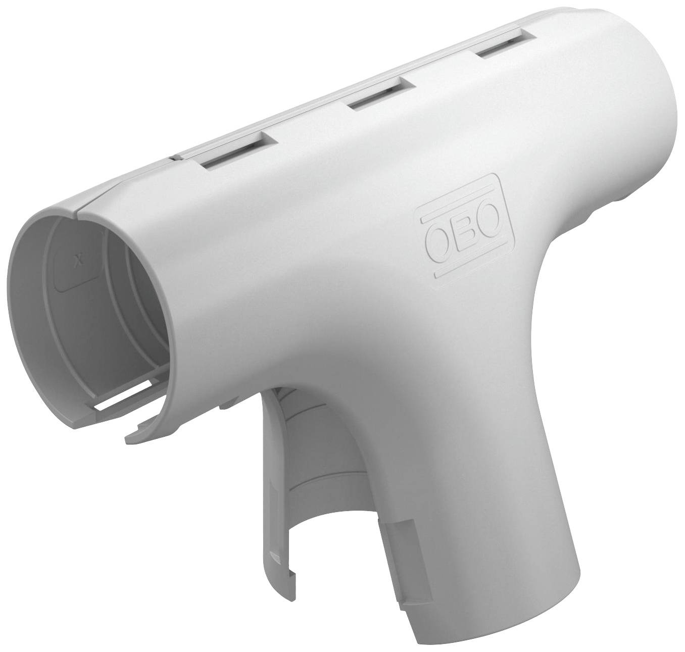 Ein graues T-Stück aus Kunststoff, verwendet in Kabelmanagement-Systemen, mit seitlichen Öffnungen und geprägtem 'OBO'-Schriftzug.