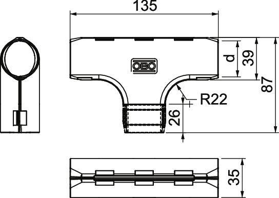 Technische Zeichnung eines T-Stücks mit Maßen: 135 mm Länge, 39 mm Höhe, 87 mm Gesamtbreite. Radius R22 mm, diverse Durchmesser angegeben.