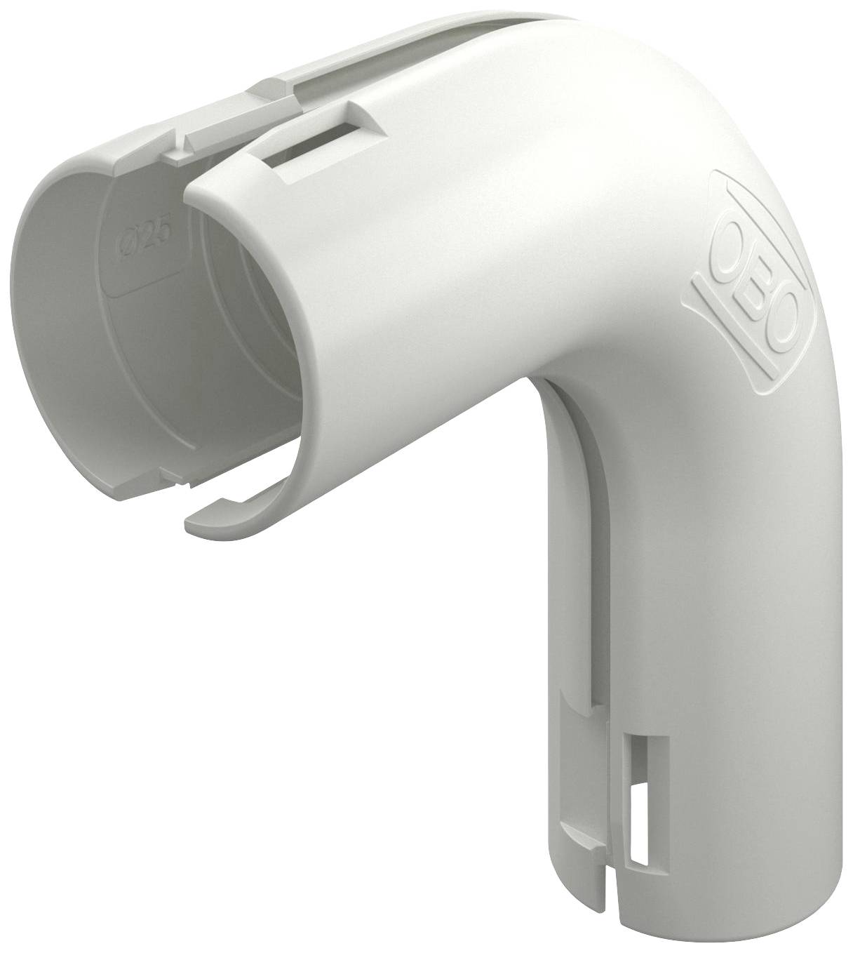 Ein weißes Kunststoff-Winkelrohr mit rechteckigem Logo und Öffnung an der Seite. Es wird zur Verbindung von Kabeln in Ecken genutzt.