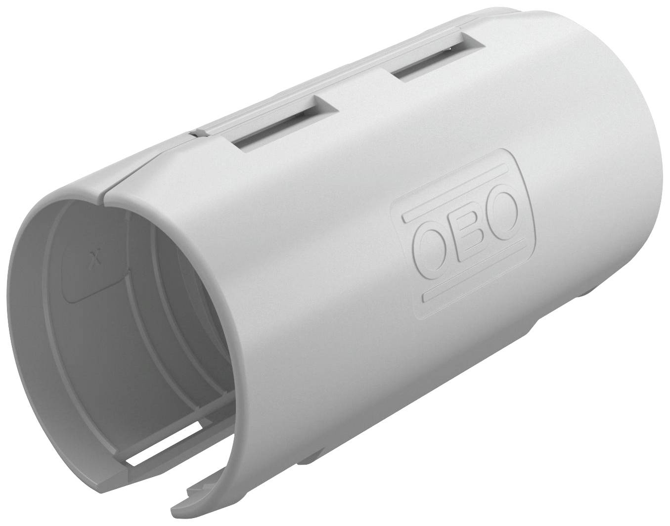 Weiße Kunststoffmuffe mit dem Aufdruck 'OBO', zylindrische Form, seitliche Schlitze, dient zur Verbindung von Rohrleitungen.