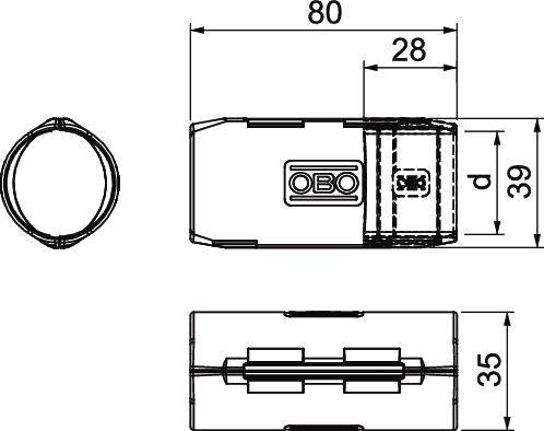 Technische Zeichnung eines Kabelverbinders mit den Maßen 80 mm Länge, 35 mm Breite und 28 mm Höhe; Beschriftung: 'OBO'.