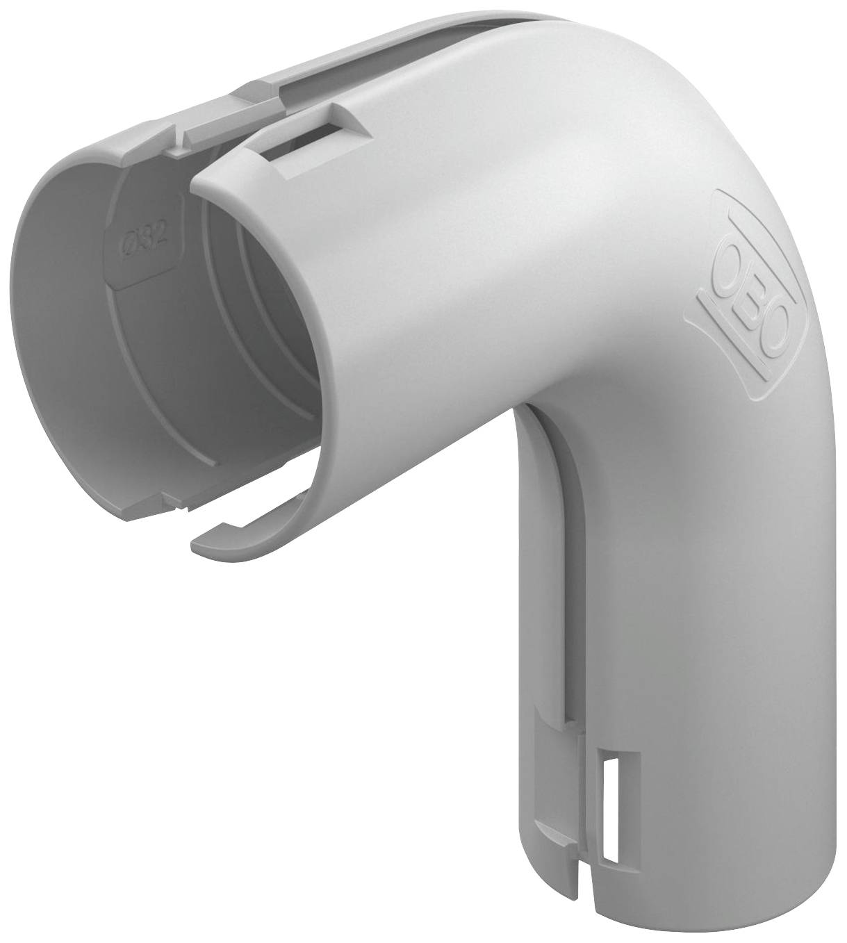 Graues Kunststoffrohr mit 90-Grad-Winkel und abnehmbarer Kappe, geeignet für Kabelschutz in Elektroinstallationen.