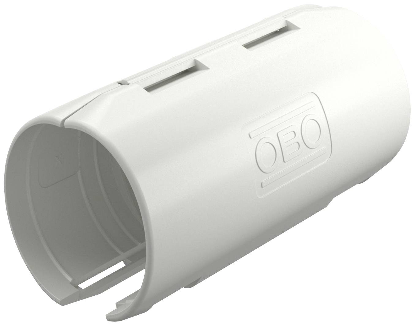 Weißer, zylindrischer Kabelkanaladapter aus Kunststoff mit dem Schriftzug 'OBO'. Verwendet zur Verbindung von Kabelkanälen.
