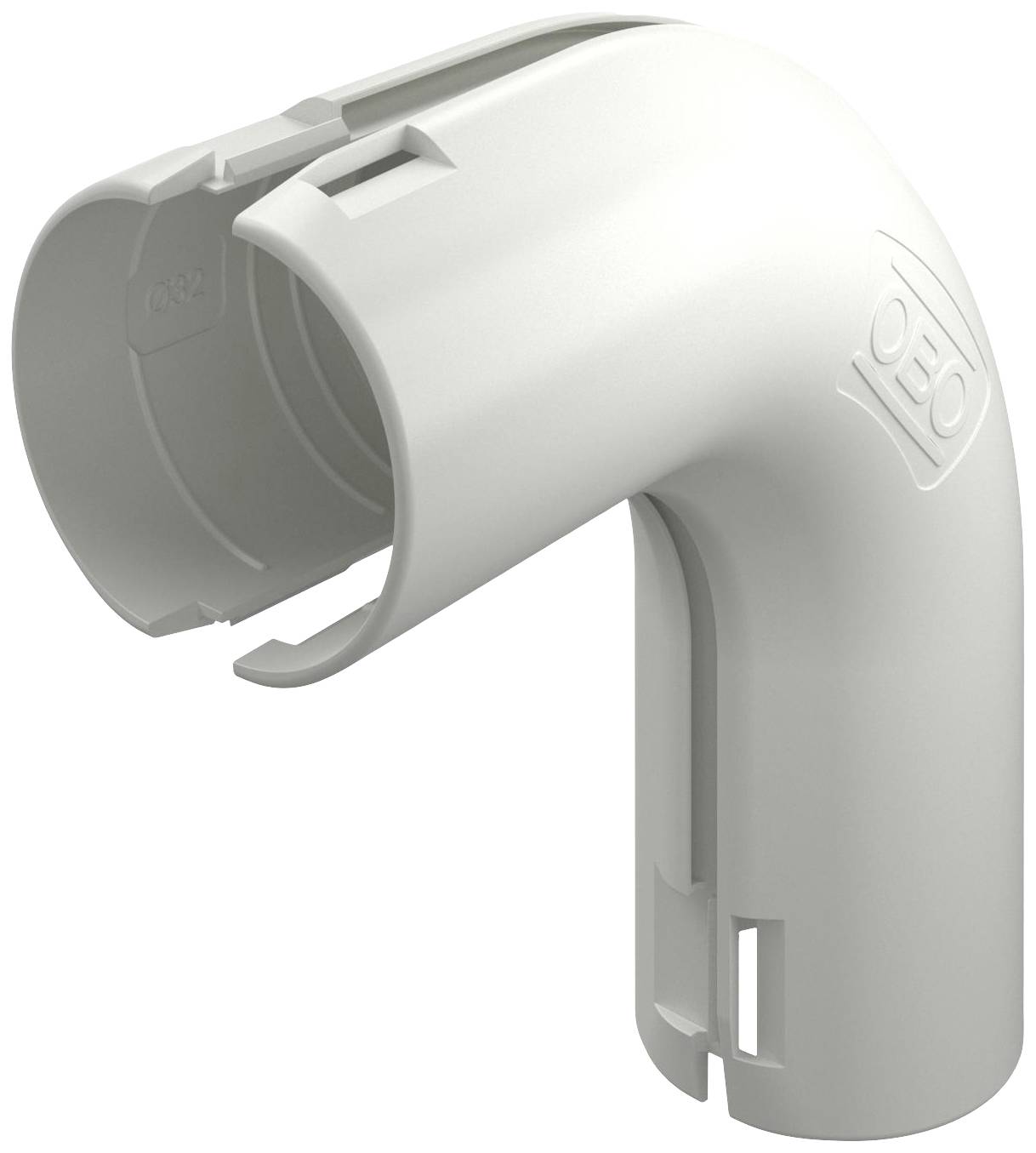 Weiße Kunststoff-Eckverbindung mit abnehmbarem Verschluss, geeignet für Rohrinstallationen. Geprägt mit einem Logo auf der Oberfläche.