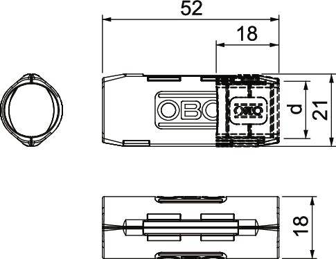 Technische Zeichnung eines Bauteils mit Maßen: Breite 18 mm, Länge 52 mm. Seitliche und obere Ansicht sowie Durchmesser 'd'.
