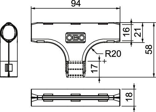 Technische Zeichnung eines T-Stücks mit den Maßen 94 mm Breite, 58 mm Höhe und 18 mm Tiefe. Enthält Radien und andere Maße.