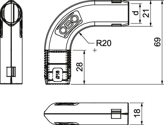 Technische Zeichnung eines 90-Grad-Winkelstücks mit Maßen: Länge 69 mm, Radius 20 mm, und weitere spezifische Maße.