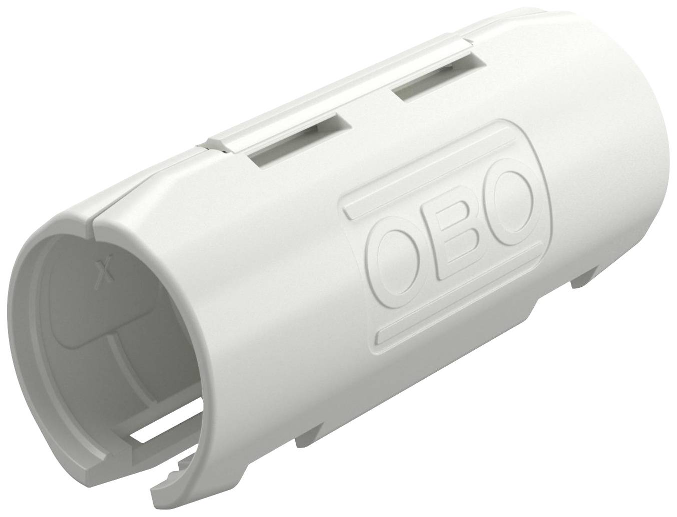 Weiße Kunststoffmuffe mit der Aufschrift 'OBO', zylindrische Form, Öffnungen an den Enden, zur sicheren Verbindung von Kabeln.