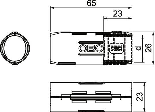 Technische Zeichnung eines Steckverbinders mit Maßen: Länge 65 mm, Breite 23 mm, und weiteren Details. Oben, Seitenansicht, Querschnitt.