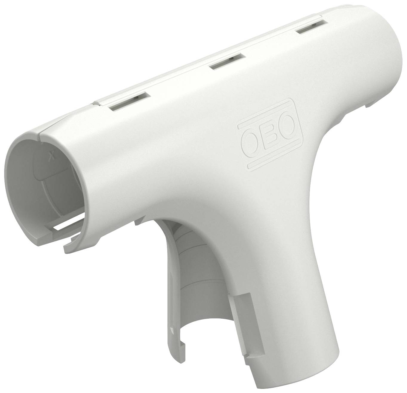 Weißes Kunststoff-T-Stück, verwendet für Kabelkanal-Installationen, mit 'OBO'-Logo.