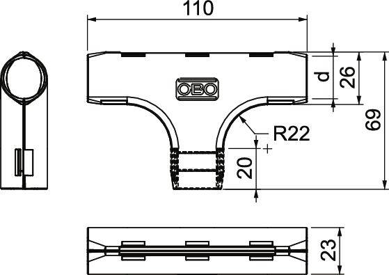 Technische Zeichnung eines T-Stücks mit Maßen 110 x 69 x 23 mm. Enthält Markierung 'OBO' und Krümmungsradius R22.