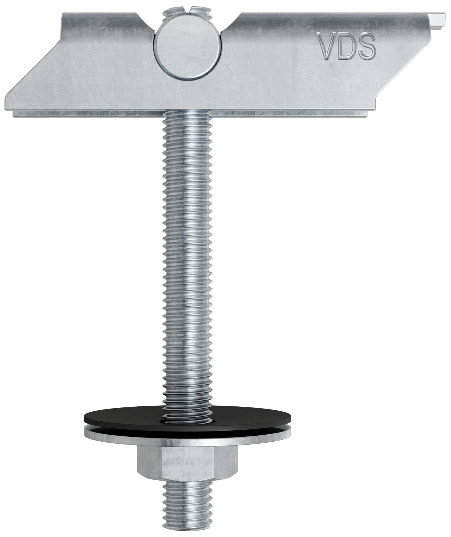 Metallische Schraube mit rechteckigem Kopf, eingraviertem 'VDS', befestigt auf Gewindestab mit unterlegter Scheibe und Mutter.