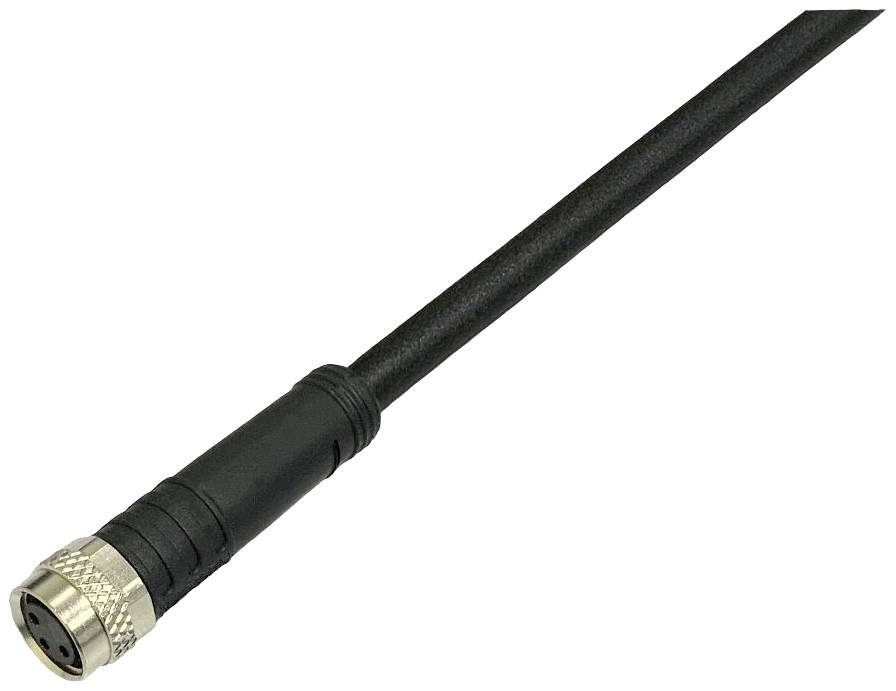 Ein schwarzes Kabel mit einem silbernen Steckverbinder am Ende, geeignet für industrielle Anwendungen.