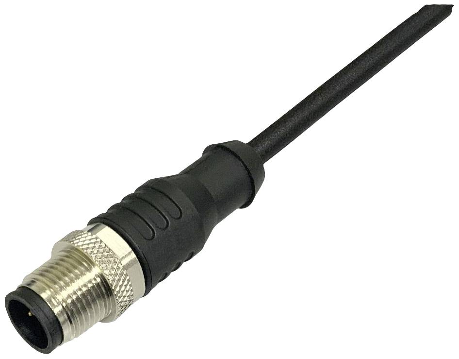 Ein schwarzes, zylindrisches Kabel mit einer Metallkappe und einem Schraubgewinde, das zur Verbindung von elektronischen Geräten dient.