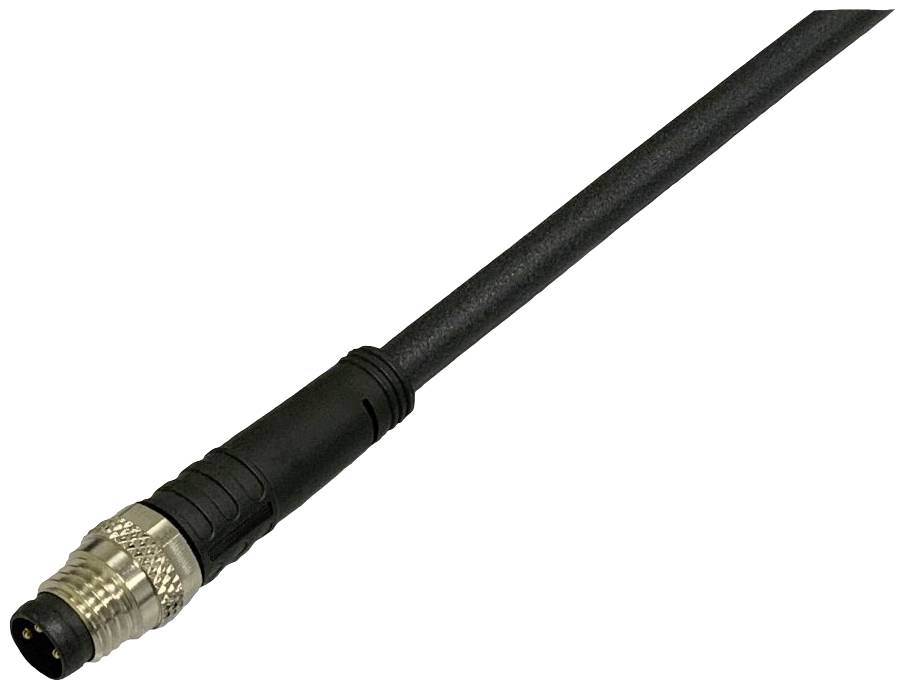 Ein schwarzes M8-Sensorkabel mit metallischem Rundstecker, verwendet in Industrieautomationen.