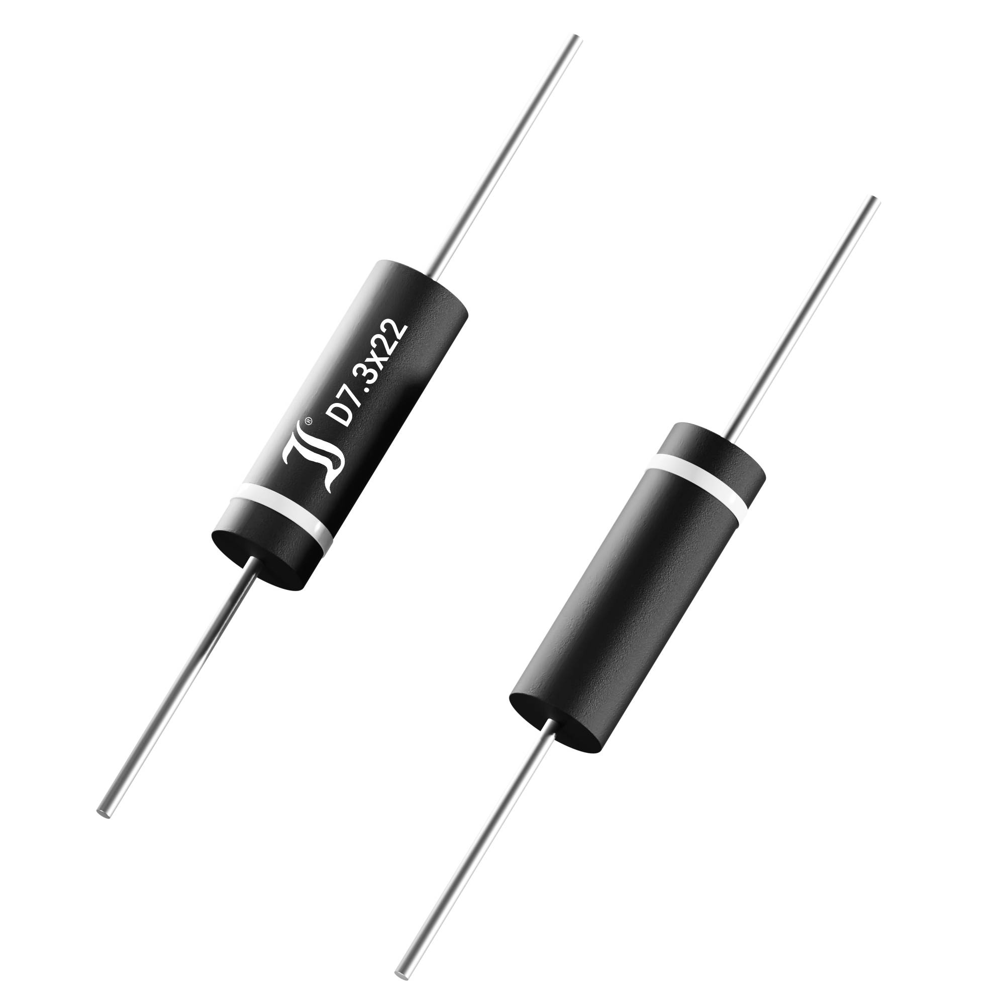 Zwei schwarze Zylindersicherungen mit Metallstiften, die gegeneinander geneigt sind. Eine hat die Kennzeichnung 'D7 3x22'.