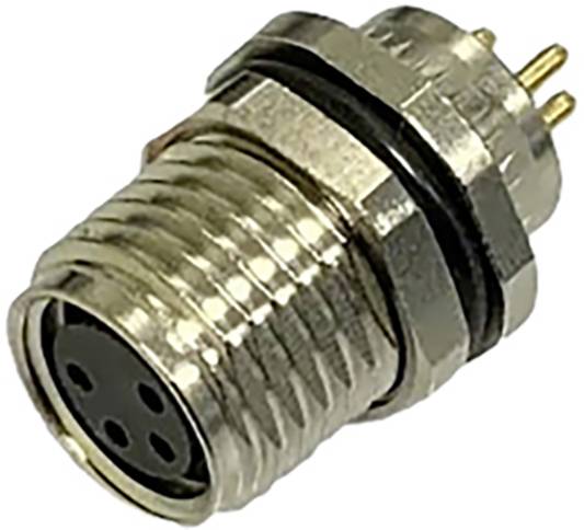 Ein Metallstecker mit vier runden Kontaktbuchsen und einem Gewinde zur Befestigung. Oben befinden sich vier goldene Pins.