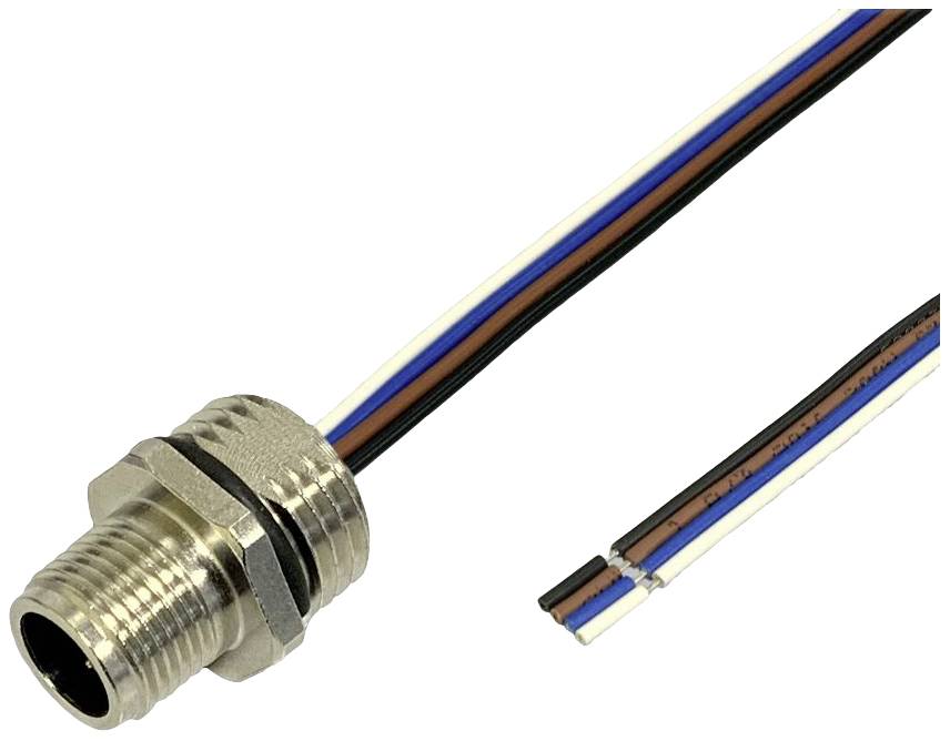 Nahaufnahme eines Metallsteckers mit vierfarbigen Kabeln: schwarz, braun, blau und weiß. Die Kabel sind teilweise abisoliert.