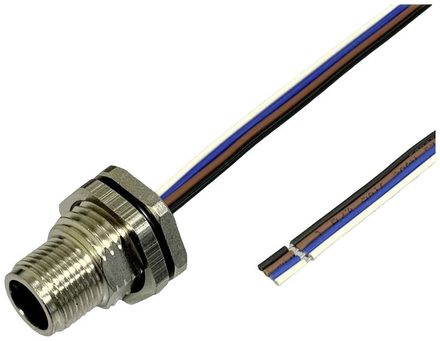Runder Metallstecker mit Gewinde, angeschlossene vierfarbige Kabel (braun, blau, schwarz, weiß) enden offen.