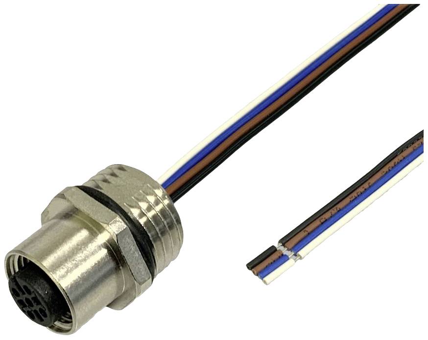 Ein Rundstecker mit mehreren farbigen Kabeln (weiß, braun, blau, schwarz). Der Stecker ist aus Metall und hat mehrere Anschlussstifte.