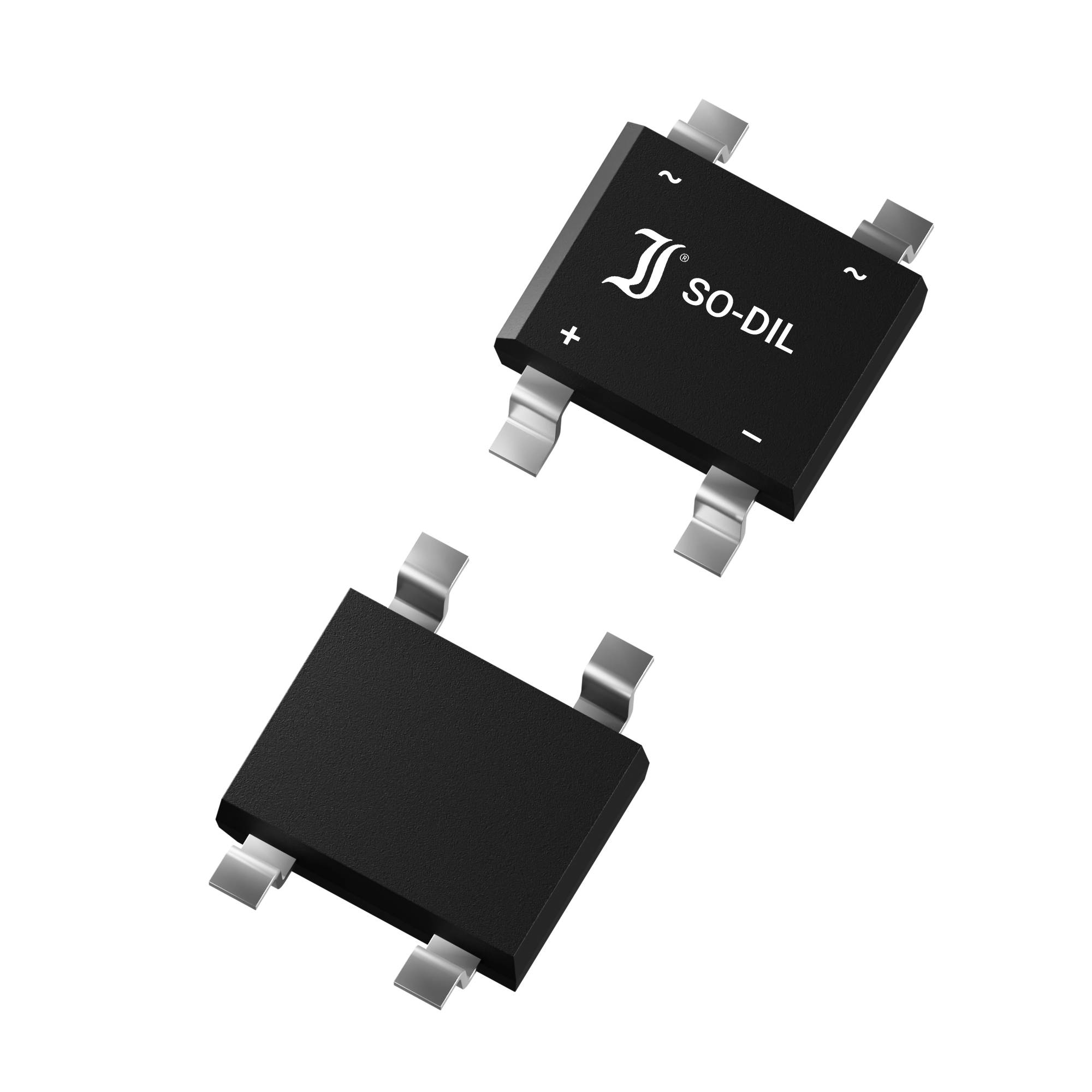 Zwei schwarze elektronische Bauteile mit metallischen Anschlüssen, eins mit der Aufschrift 'SO-DIL' und einem Symbol auf der Oberseite.