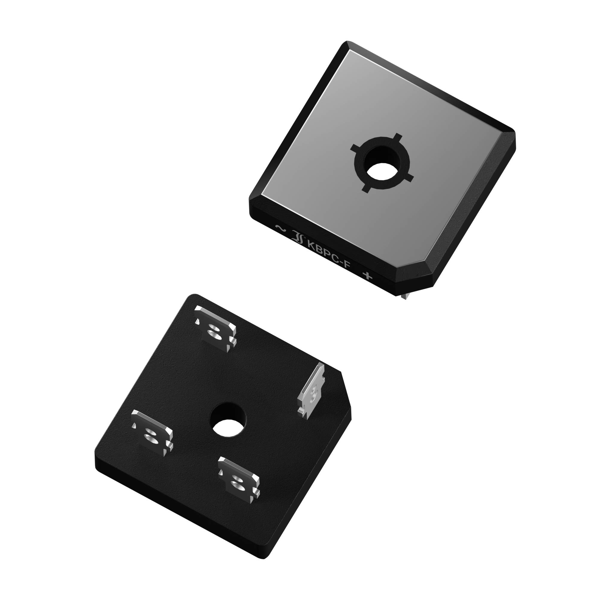 Zwei schwarze, quadratische elektronische Bauteile mit Metallelektroden, die übereinander liegen. Eines hat eine zentrale Bohrung.