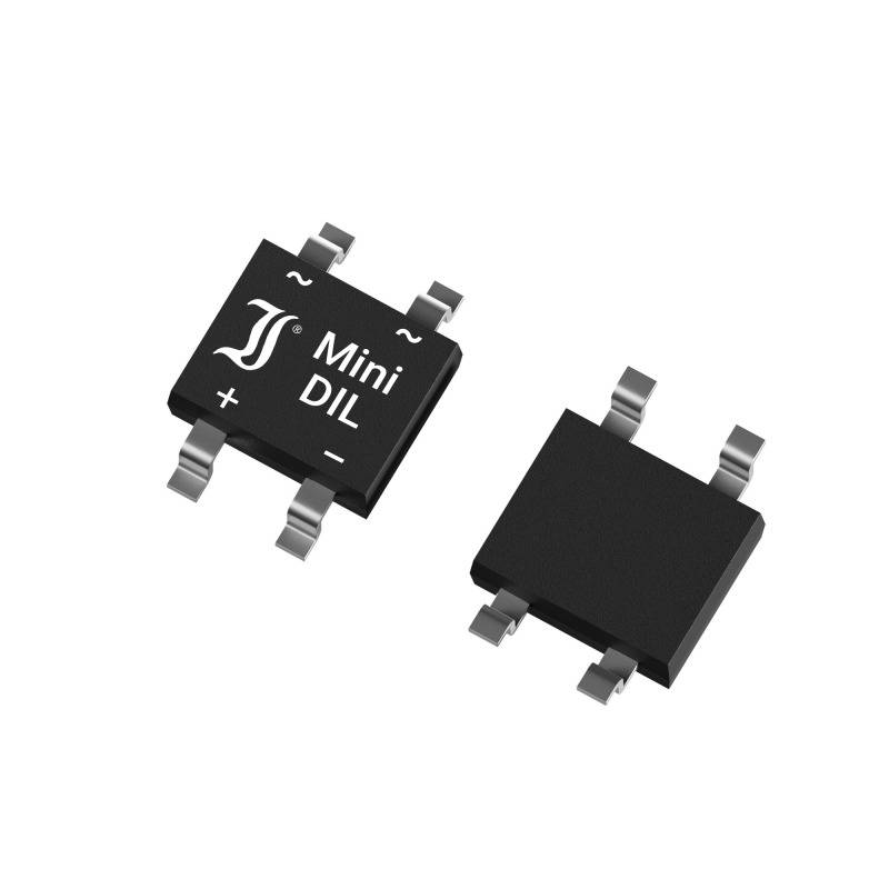 Zwei schwarze Mini-DIL-Chips, einer zeigt ein Plus- und Minus-Zeichen neben 'Mini DIL', beide mit vier Metallanschlüssen.