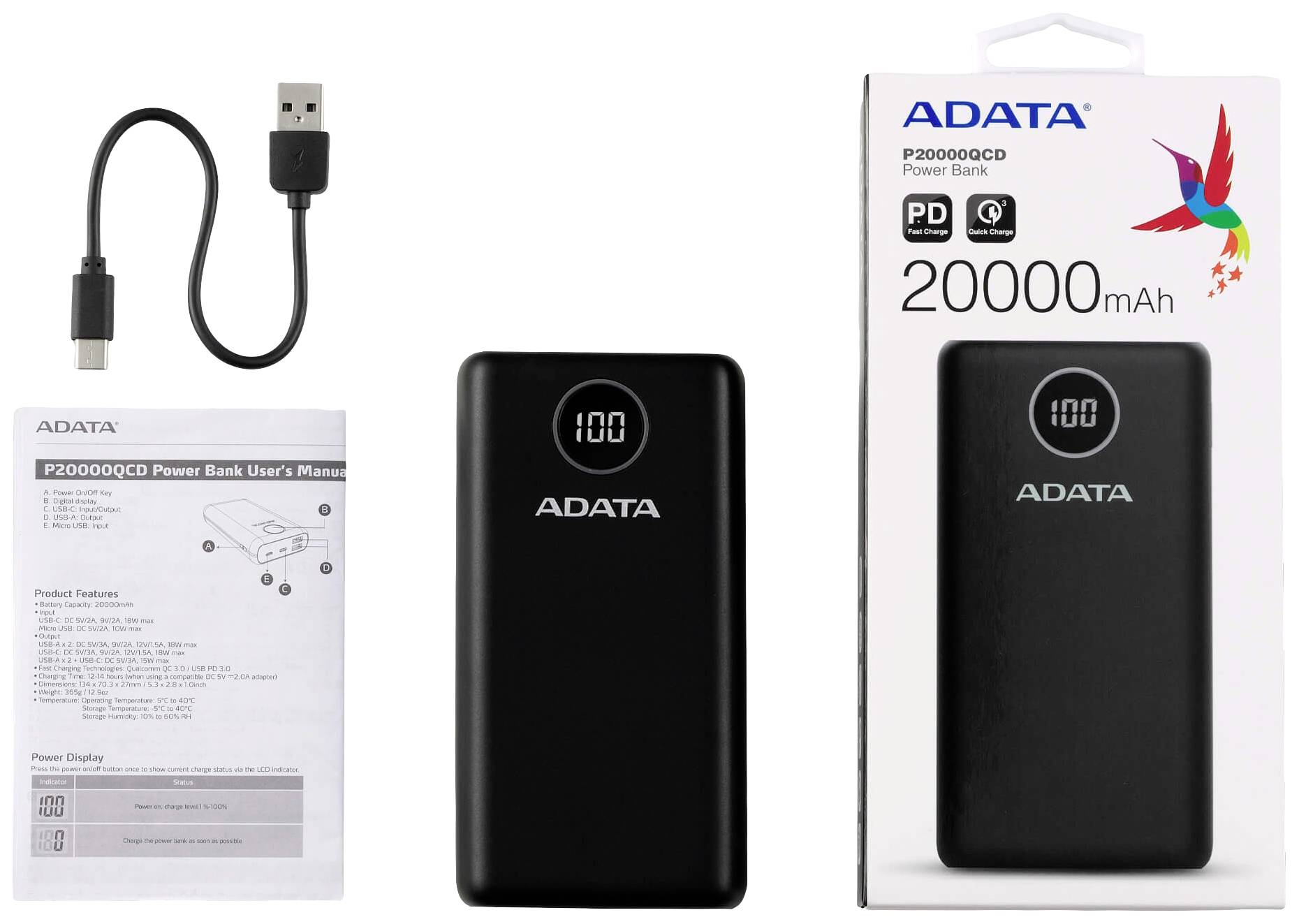 ADATA P20000QCD Powerbank 20000 mAh Quick Charge 3.0 Li-Ion Schwarz