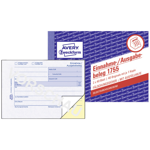 Avery-Zweckform Einnahme-/Ausgabebeleg Formular 1755 DIN A6 quer Anzahl der Blätter: 40