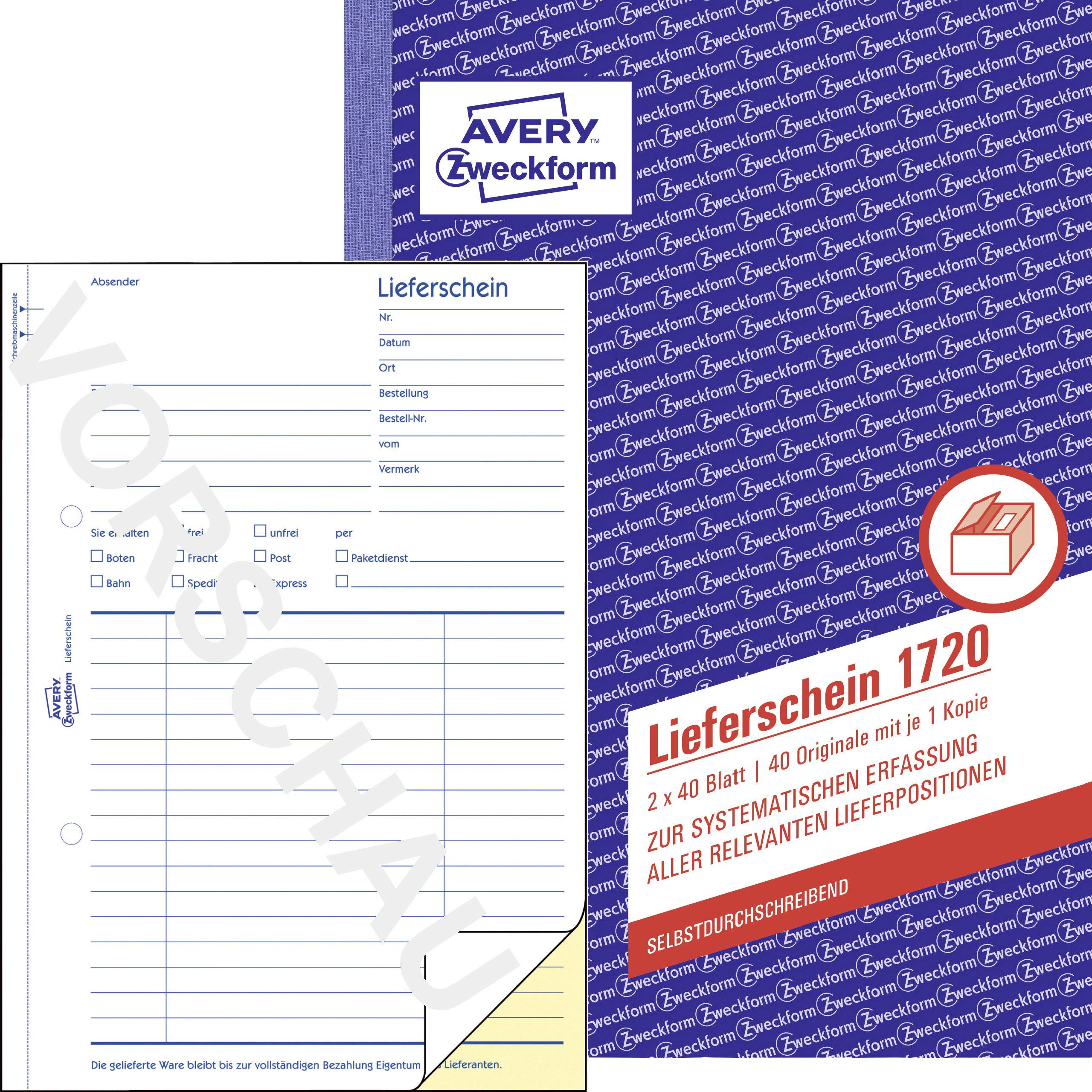 'Lieferchein 1720' mit 4x50 Blättern und 1 Original plus 3 Kopien. Satz für systematische Erfassung. Avery Zweckform.