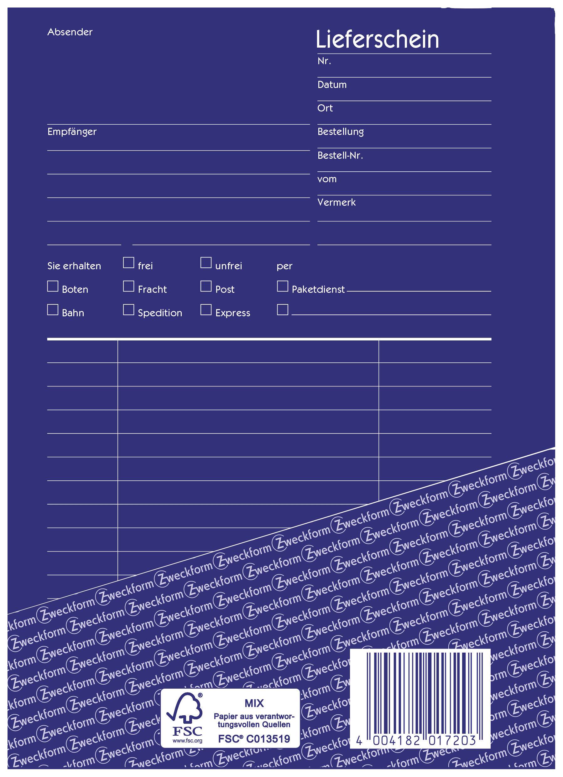 'Lieferschein' in blauer Farbe mit Feldern für Absender, Empfänger, Datum, Ort, Bestellnummer, Bestellzeichen und Versandart.