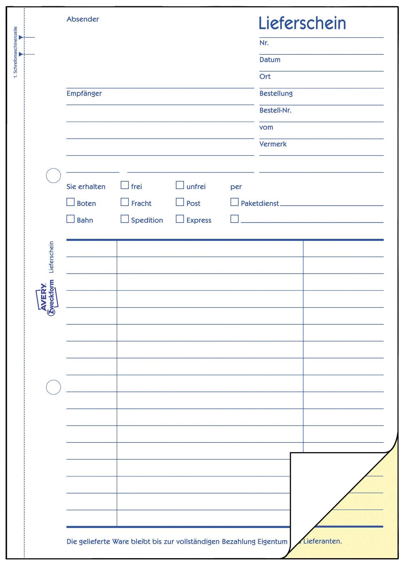 Lieferscheinformular mit Feldern für Absender, Empfänger, Lieferart und Bestelldetails. Hinweis auf Eigentumsvorbehalt bis zur Zahlung.