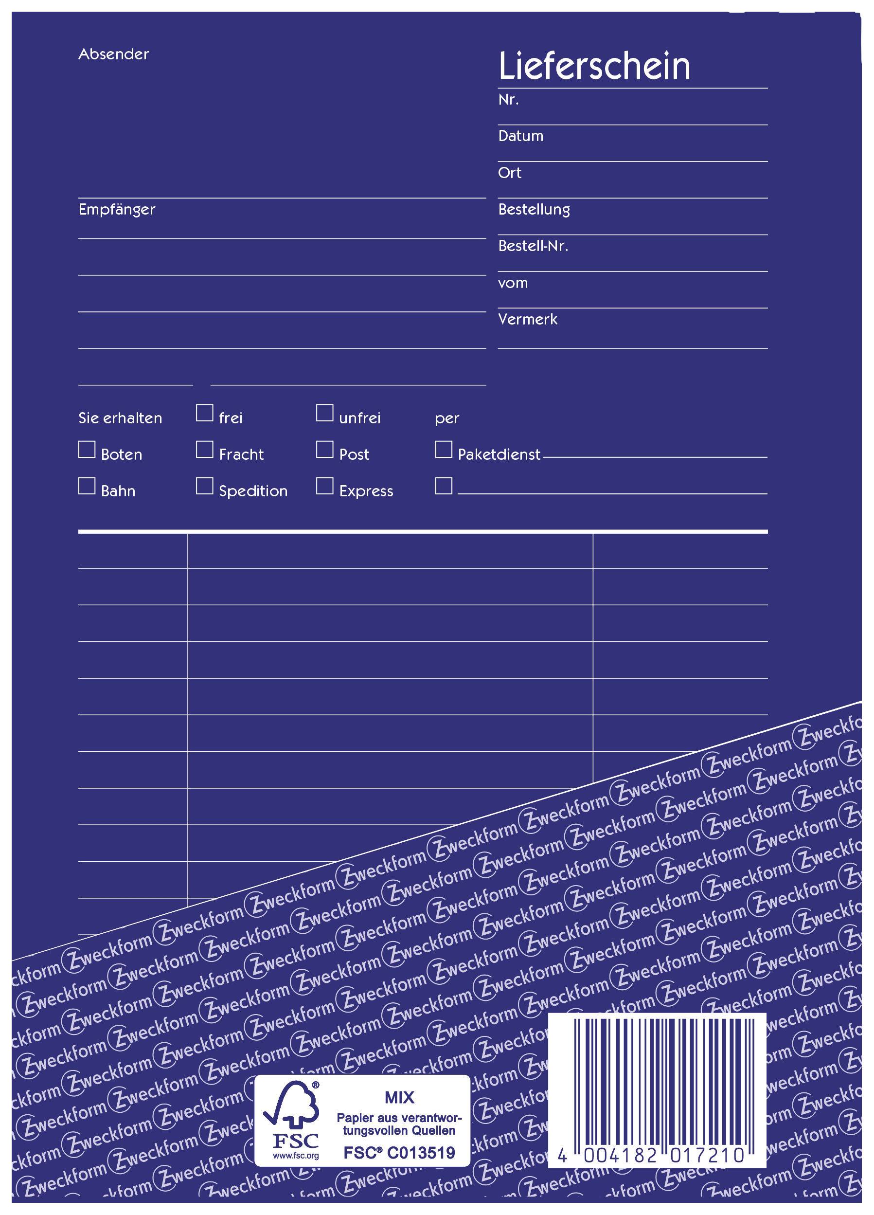 Blauer Lieferschein mit Feldern für Absender, Empfänger, Lieferdatum und Versandart. Enthält mehrere Zeilen für Artikeldetails.