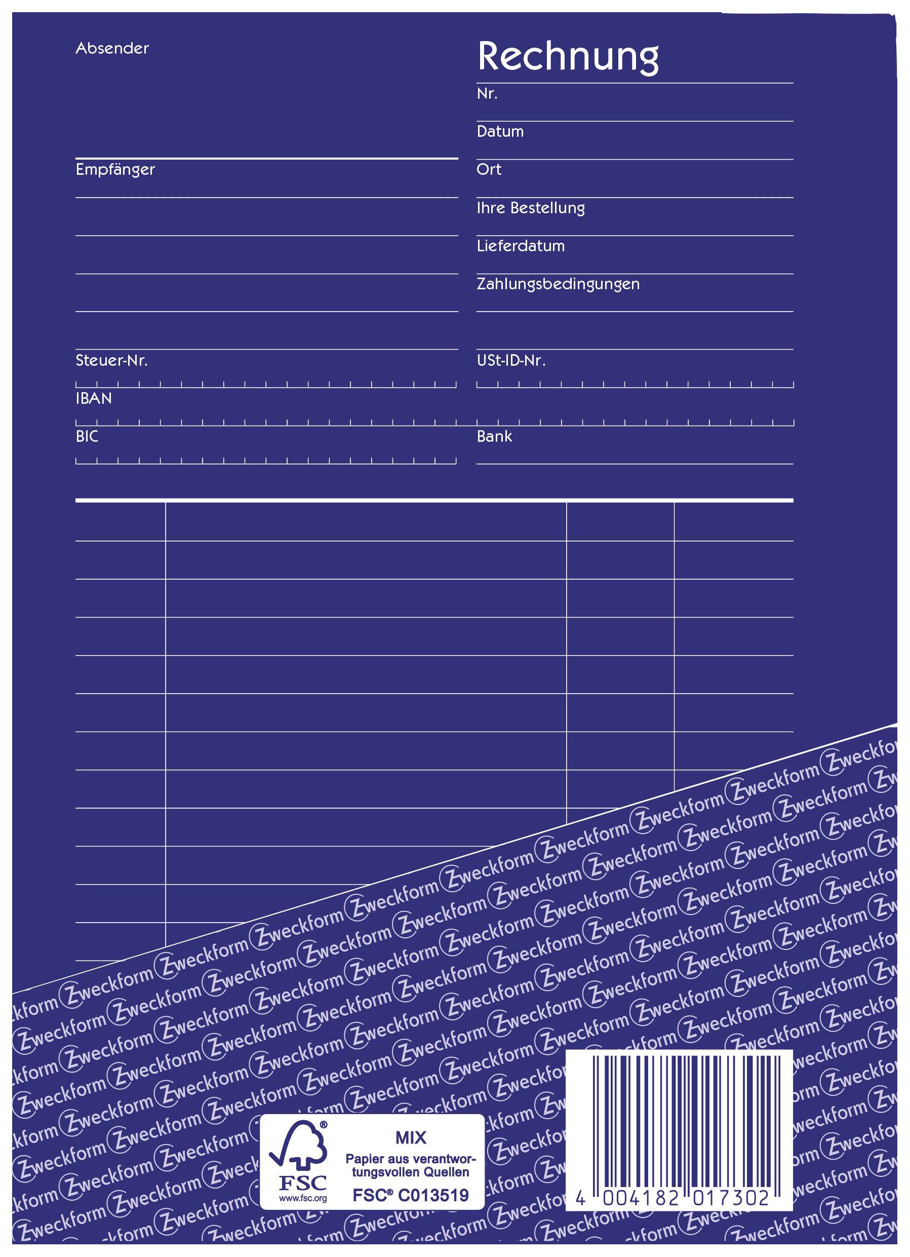 Beidseitig bedrucktes Blatt, das als Formular für Rechnungen dient. Enthält Felder für Absender, Empfänger, Datum und Zahlung.