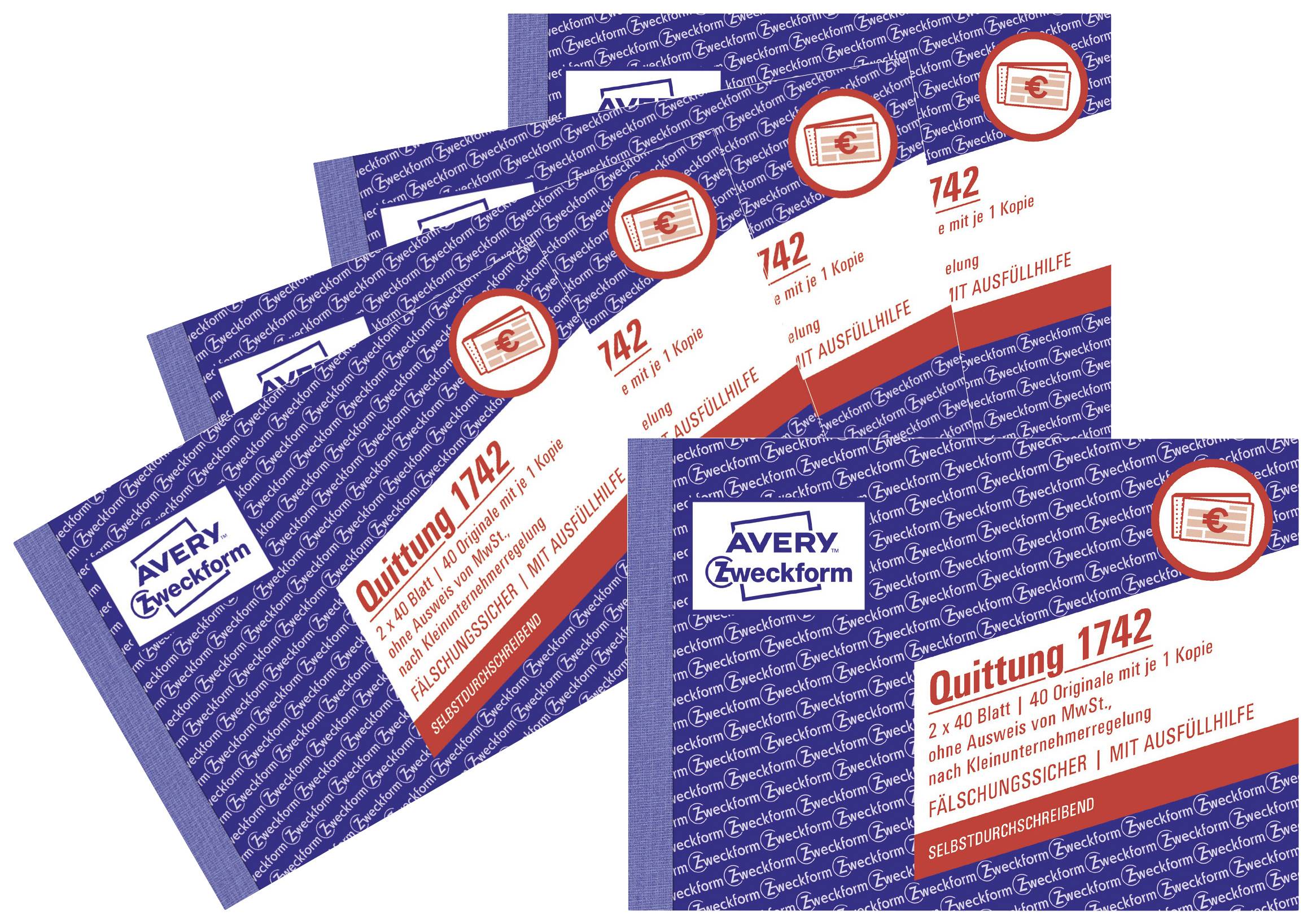 Mehrere Blöcke von Avery Zweckform Quittung 742, je 2 x 40 Blätter, original + Kopie, mit Ausfüllhilfe und Sicherheitssiegel.