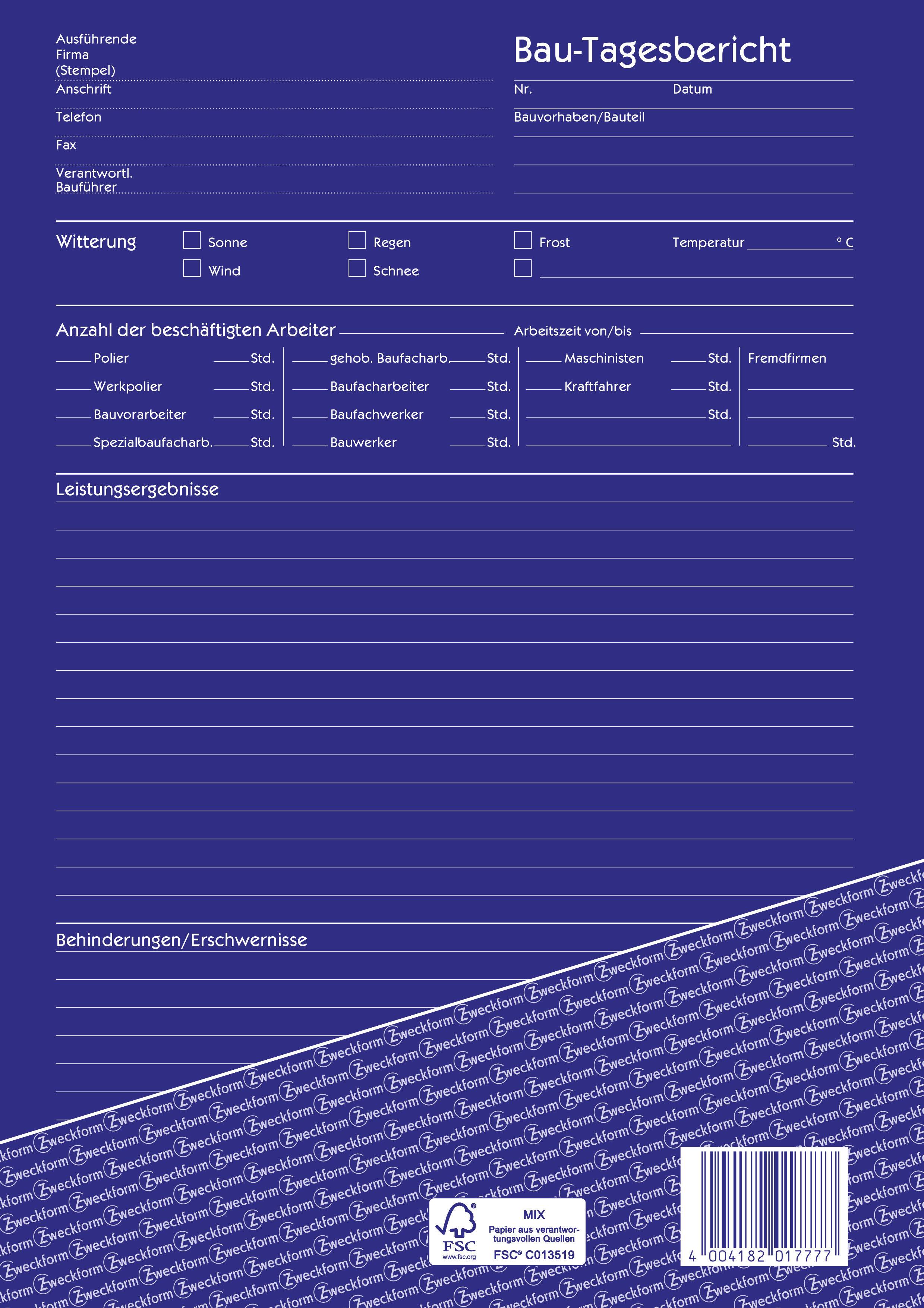 'Bau-Tagesbericht' Formular mit Feldern für Projektdetails, Wetterbedingungen, Anzahl der Arbeiter, Arbeitsergebnisse und Hindernisse.