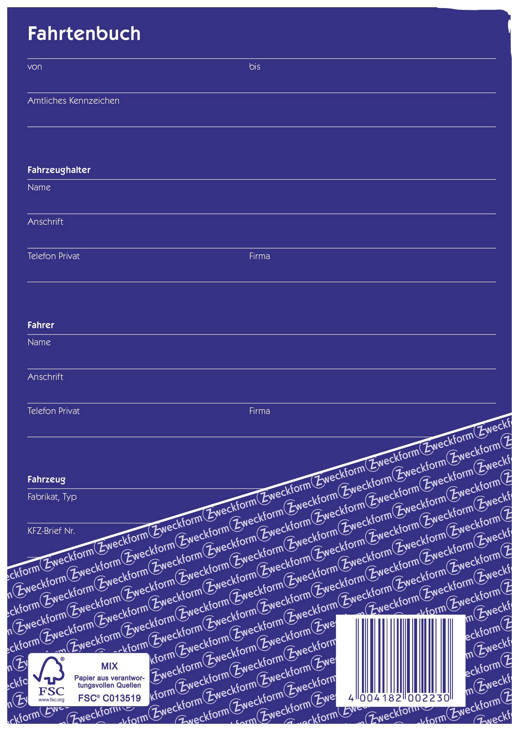 'Fahrtenbuch' Formular mit Feldern für 'von', 'bis', 'Amtliches Kennzeichen', 'Fahrzeughalter', 'Fahrer' und 'Fahrzeug'.