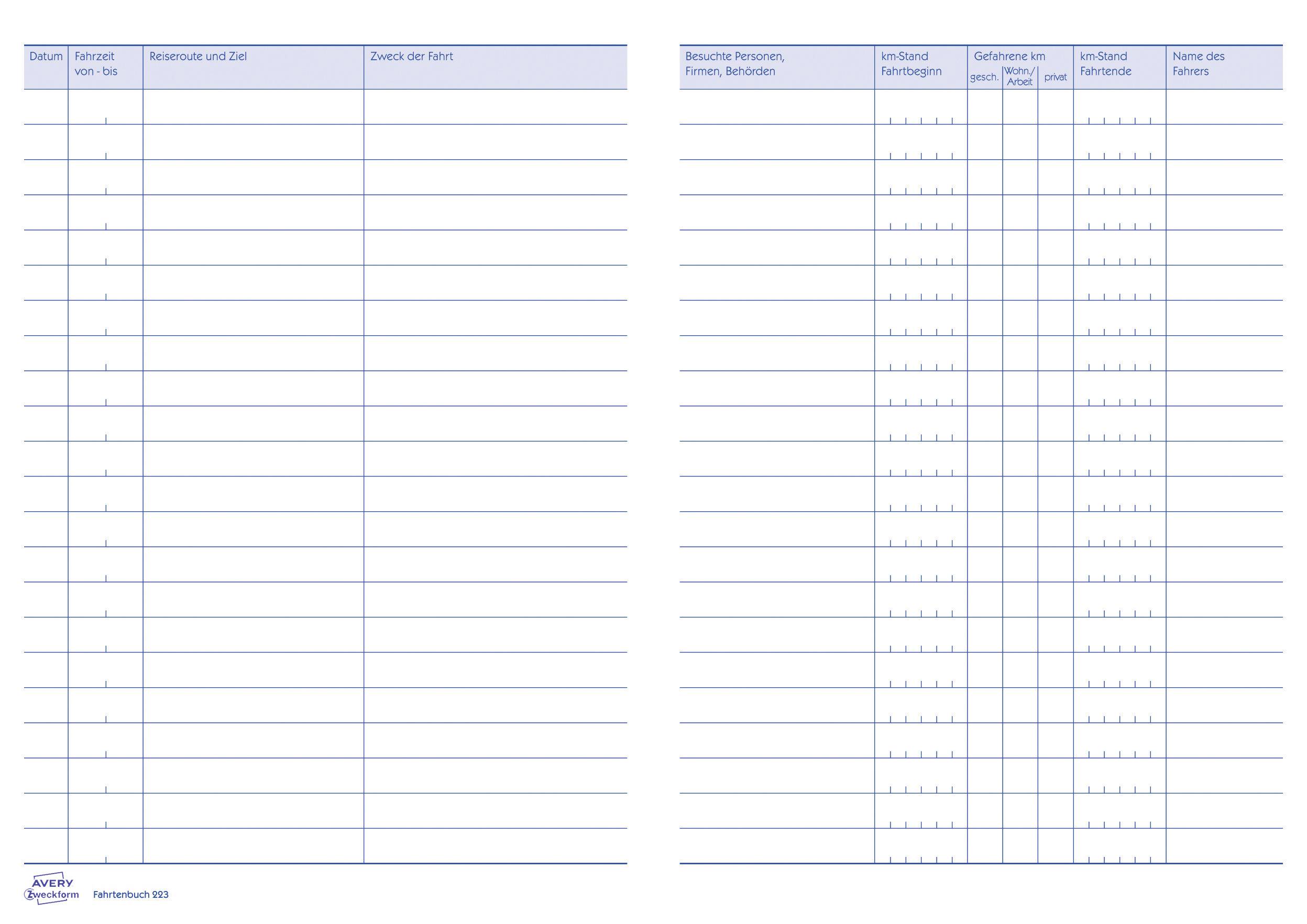 'Fahrtenbuch 2023': Tabelle mit Spalten für 'Datum', 'Kilometer', 'Reisezweck', und weiteren Details. Links und rechts angeordnet.