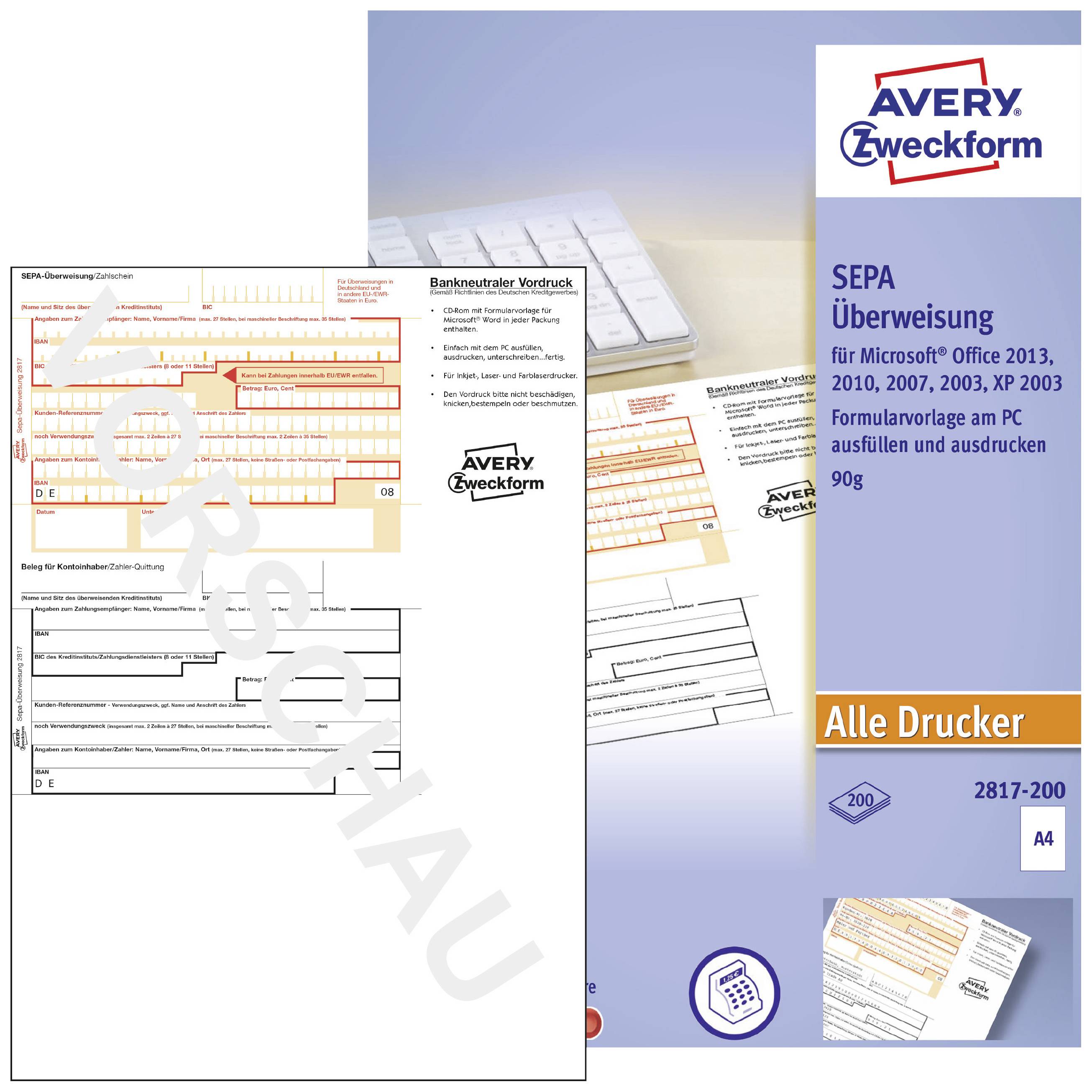 Briefpapier für SEPA-Überweisungen, kompatibel mit Microsoft Office, für alle Drucker, zeigt Design und Textfelder für Banküberweisungen.