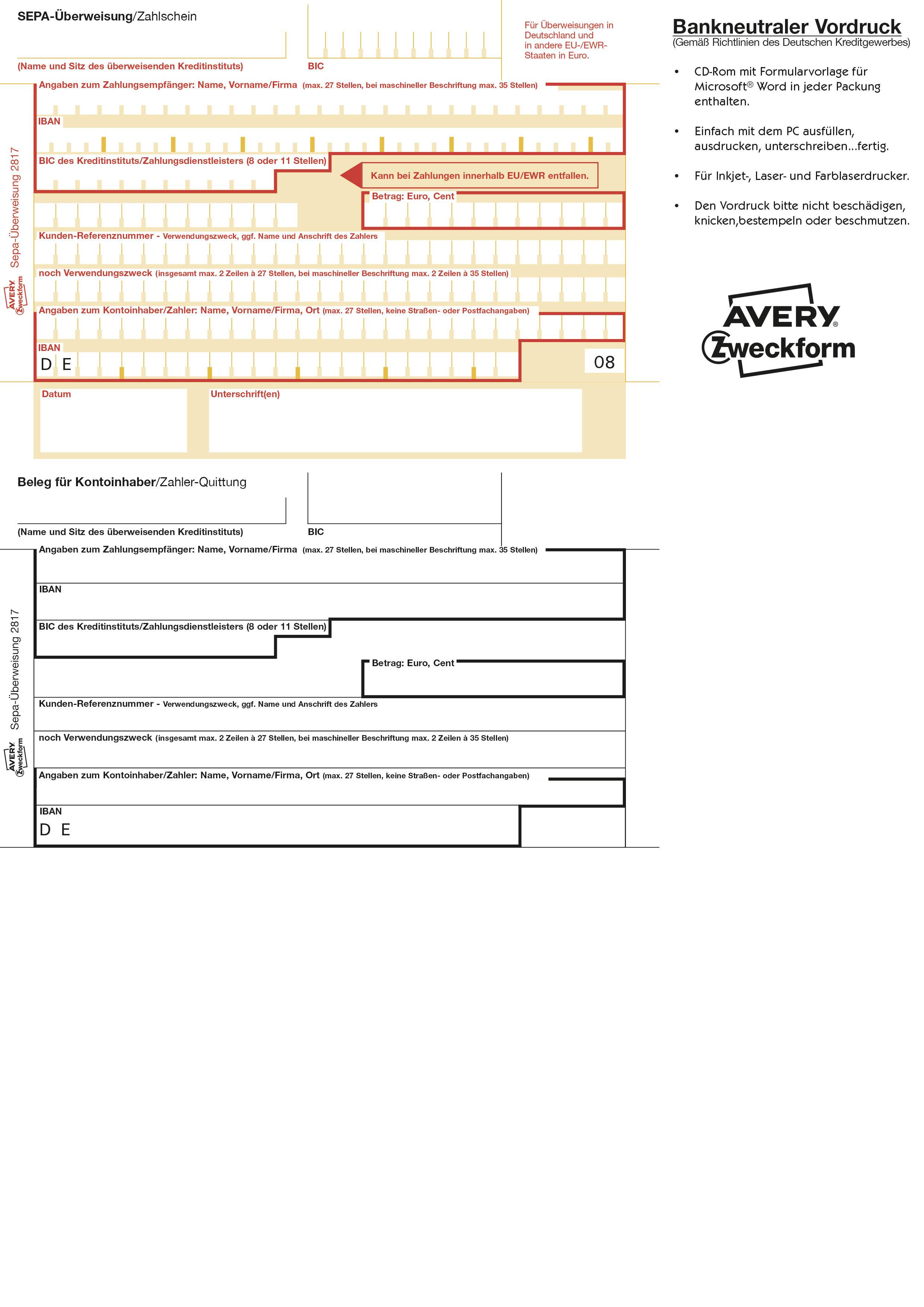 SEPA-Überweisungsvordruck in Schwarz-Weiß mit Feldern für Zahlungsempfänger, Betrag und weitere Details. Markenname rechts oben.
