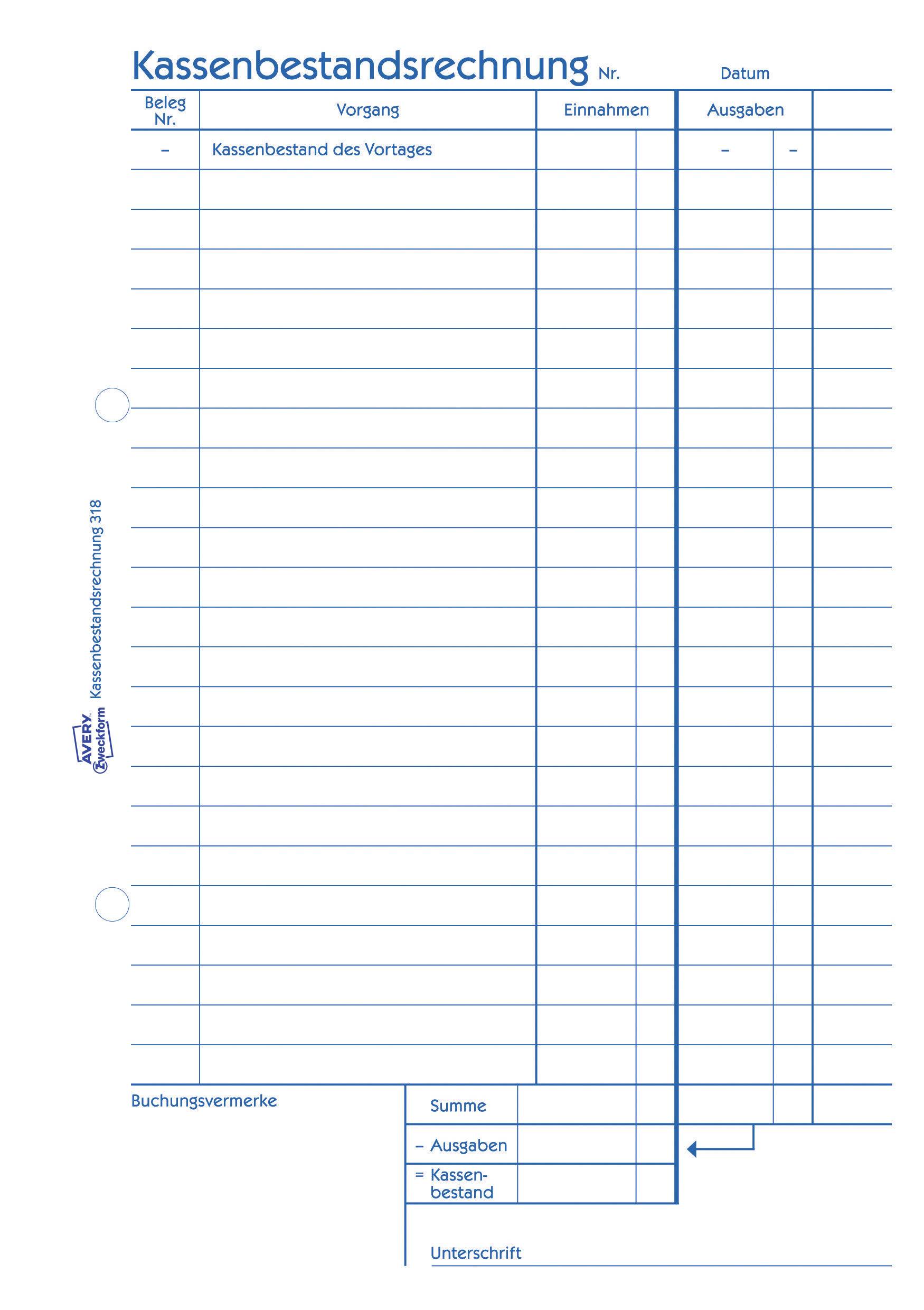 'Formular für Kassenbestandsrechnung' mit Spalten für Beleg, Vorgang, Einnahmen, Ausgaben und Buchungsvermerke. Enthält Summenfelder.