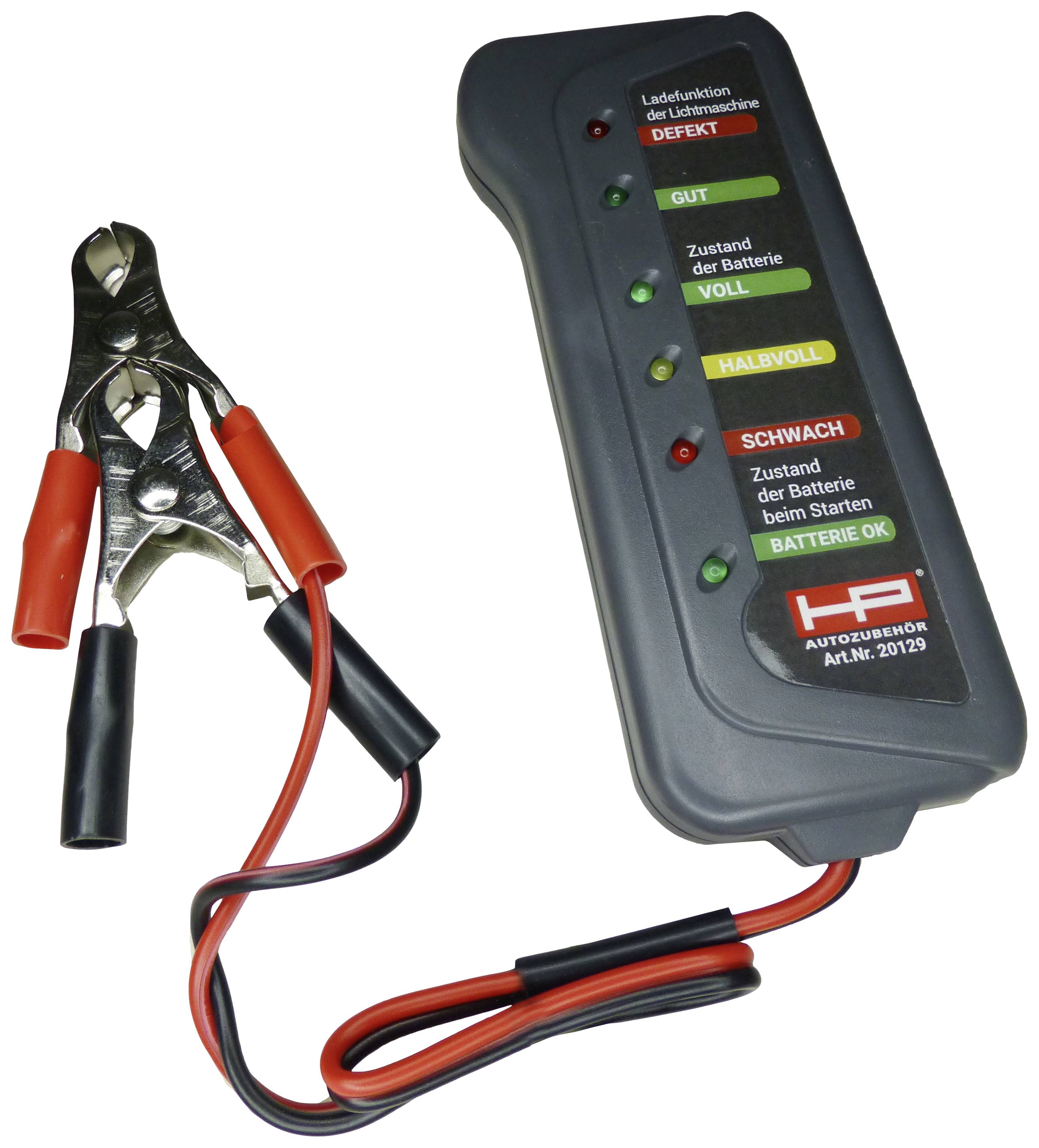 Batterietester mit angeschlossenen Klemmen zeigt Ladestatus an. LEDs für 'Defekt', 'Gut', 'Voll', 'Halbvoll', 'Schwach' und 'Batterie OK'.