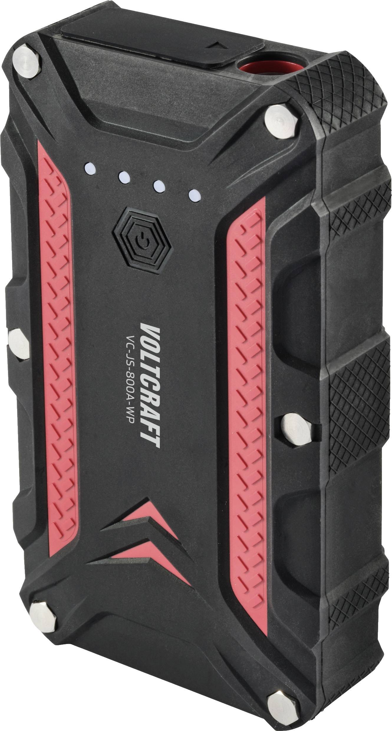 Schwarze und rote tragbare Powerbank im robusten Design, geeignet für den Outdoor-Einsatz. Markenname und Modellnummer auf der Vorderseite.