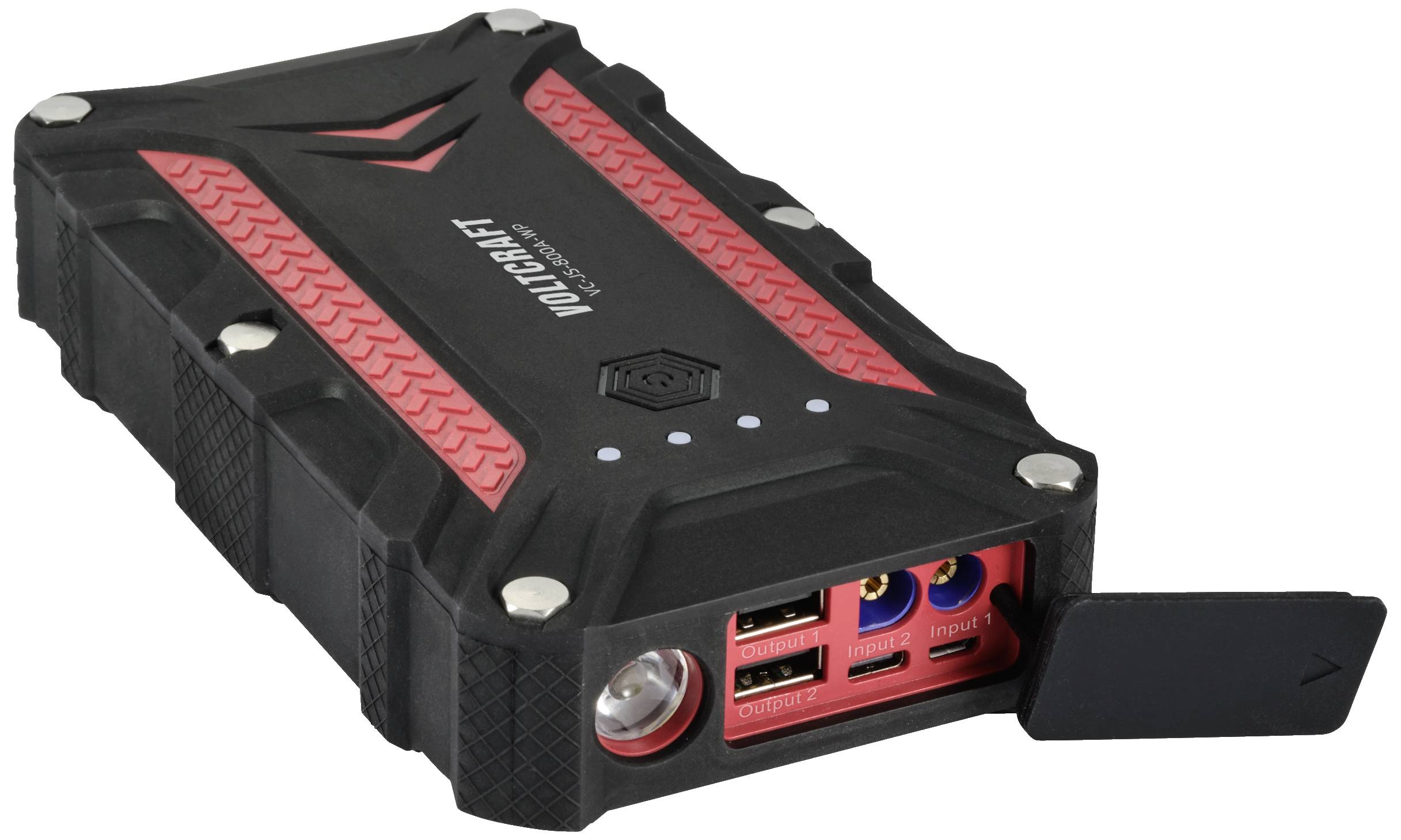 Ein tragbares Ladegerät mit robustem Gehäuse. Es hat USB-Anschlüsse und eine eingebaute Taschenlampe. Ideal für Notfälle unterwegs.