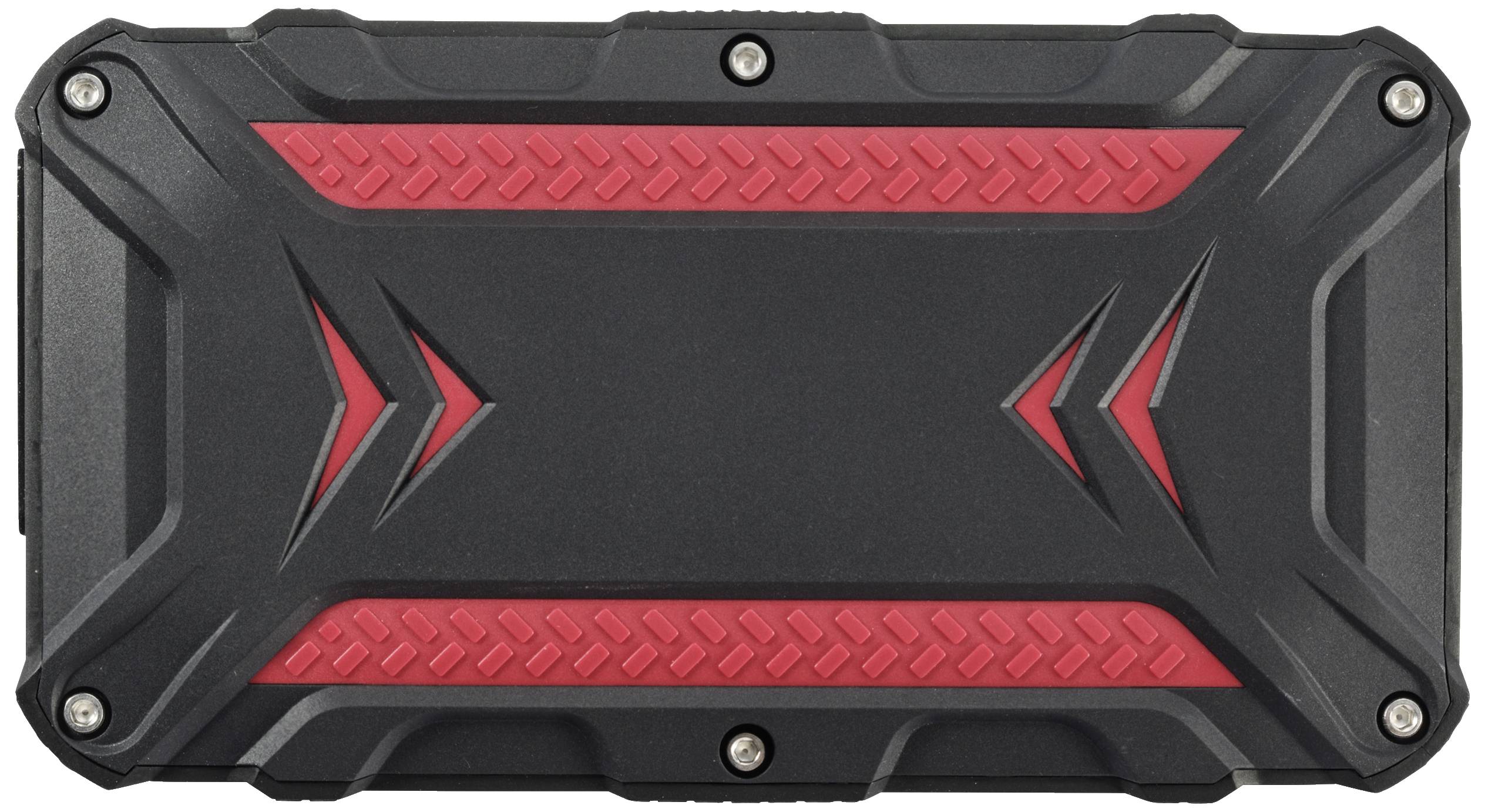 Schwarzes, robustes Gerät mit roten Akzenten, umgeben von strukturierten Griffen. Design indiziert möglicherweise Outdoor- oder Schutzfunktion.