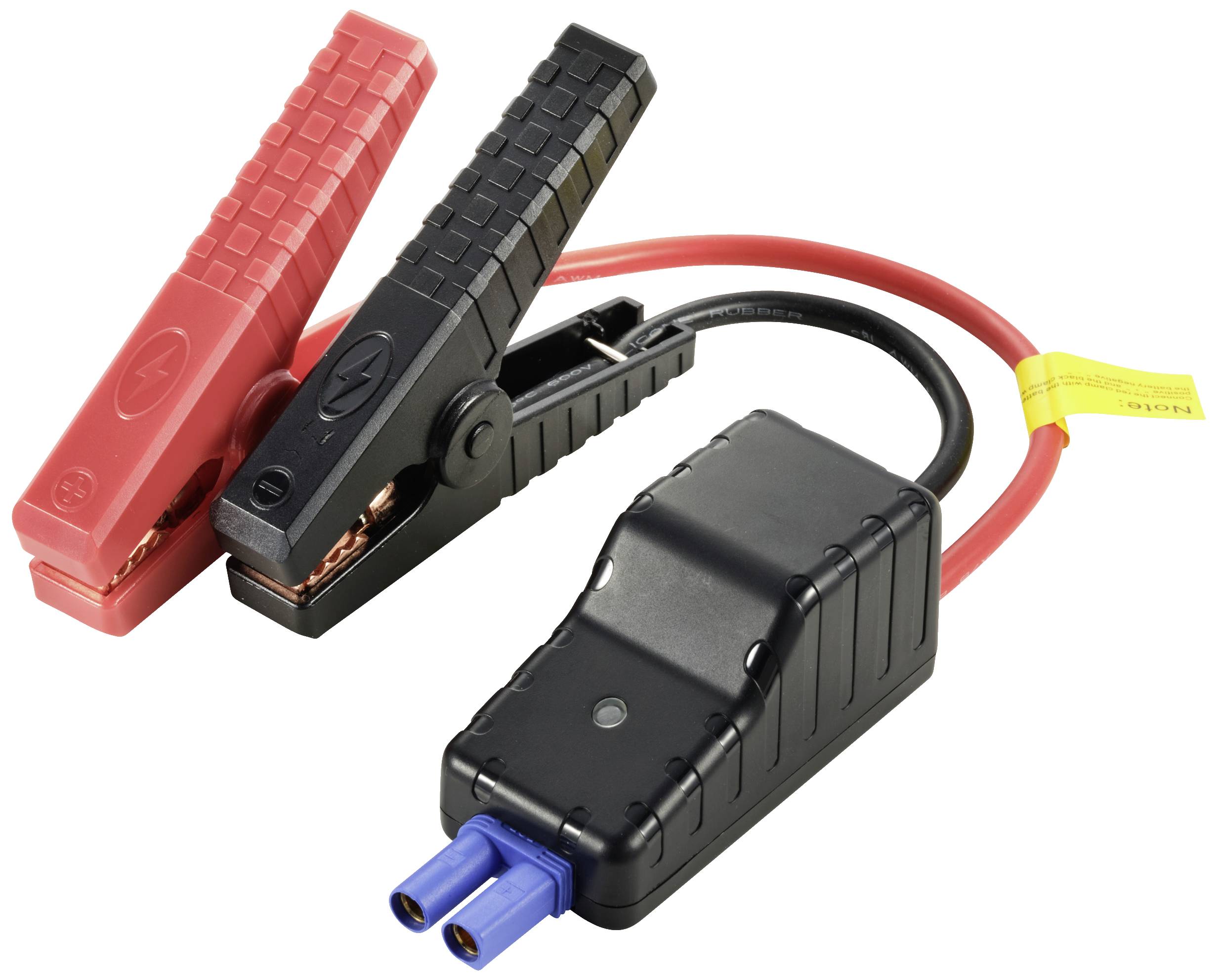 Schwarzes und rotes Starthilfekabel mit Krokodilklemmen, verbunden mit einem Adapter, zum Fremdstarten von Autos bei entladener Batterie.