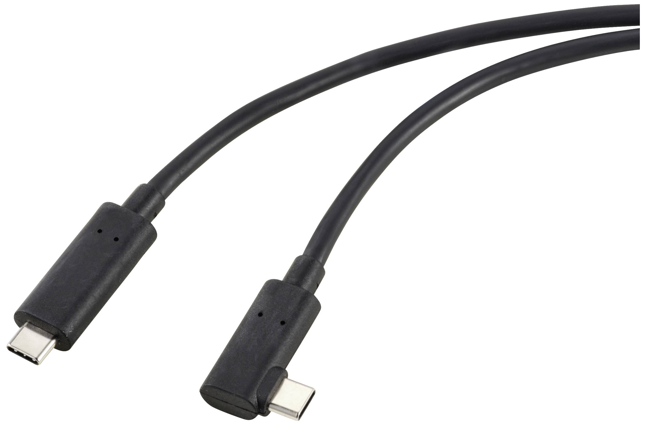 Zwei schwarze USB-C-Kabel mit abgewinkelten Steckern, geeignet zum Anschließen von elektronischen Geräten für Datenübertragung und Laden.