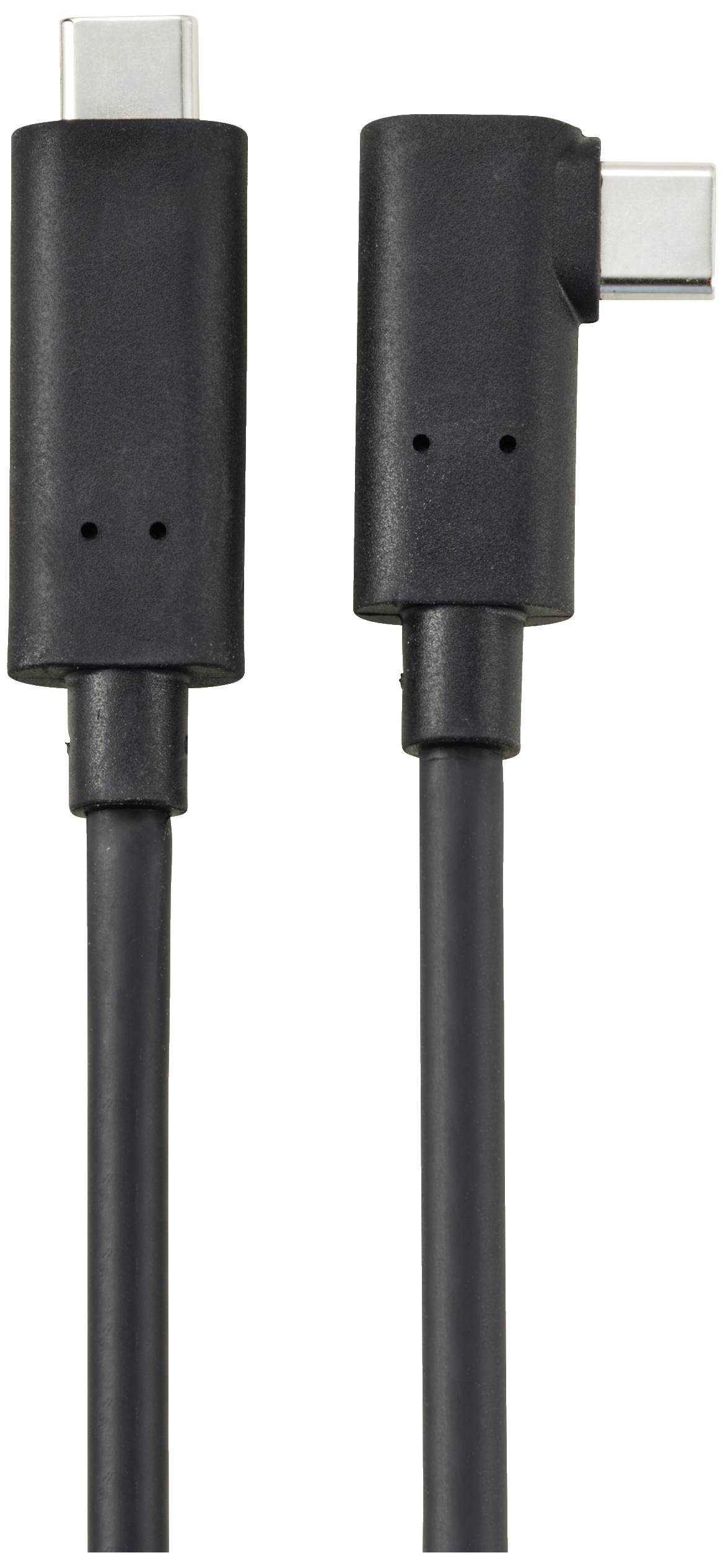 Zwei schwarze USB-C-Stecker mit Kabeln; der linke Stecker ist gerade, der rechte ist im 90-Grad-Winkel abgewinkelt.