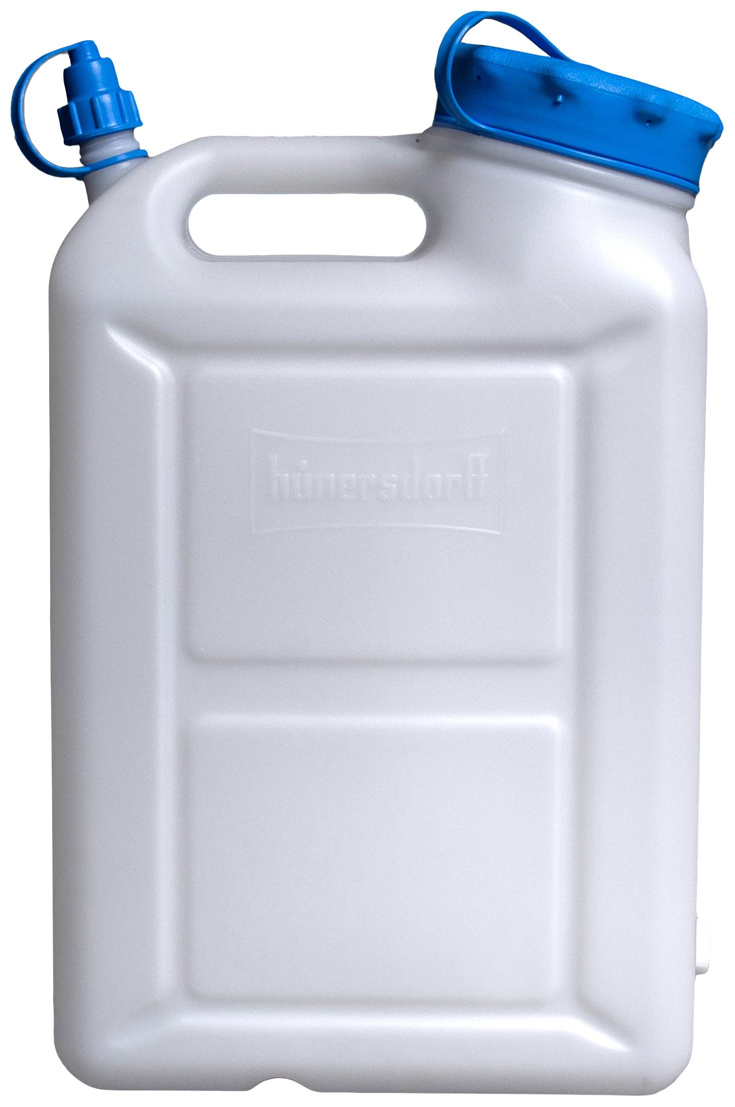Ein weißer Wasserkanister mit blauem Schraubverschluss und Auslauf an der Seite.